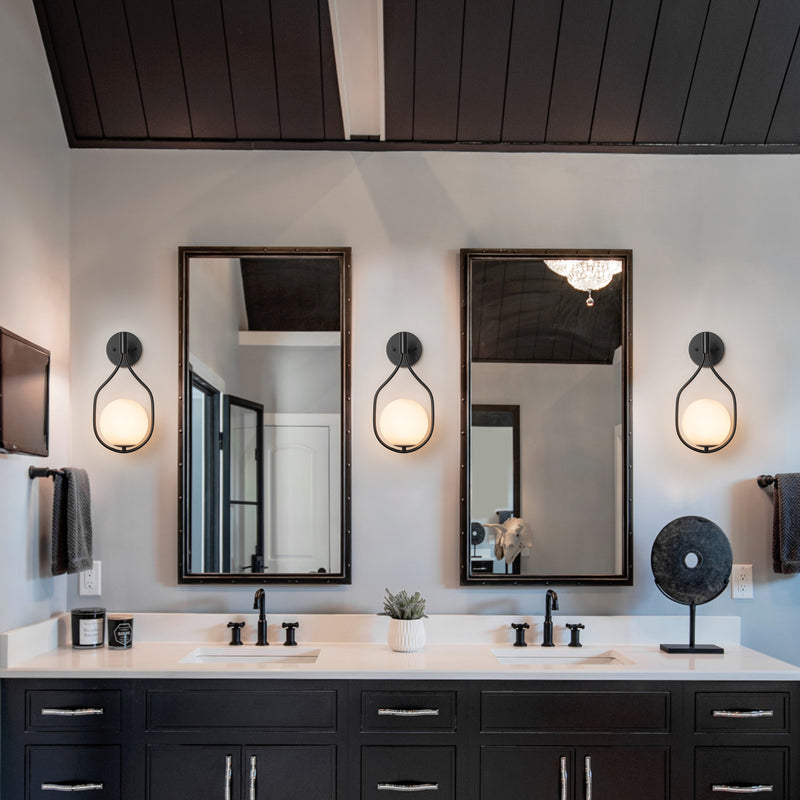 1-Light Black Wall Sconce with White Opal Glass