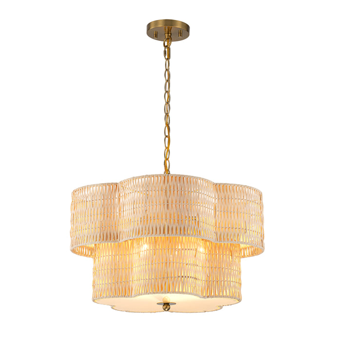 20" 5-Light Natural Rattan Chandelier with 2-Tier Hand Woven Flower-Shaped Shade