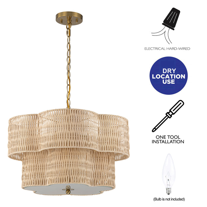 20" 5-Light Natural Rattan Chandelier with 2-Tier Hand Woven Flower-Shaped Shade