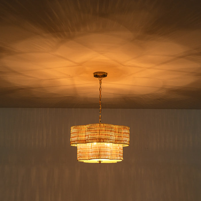 20" 5-Light Natural Rattan Chandelier with 2-Tier Hand Woven Flower-Shaped Shade