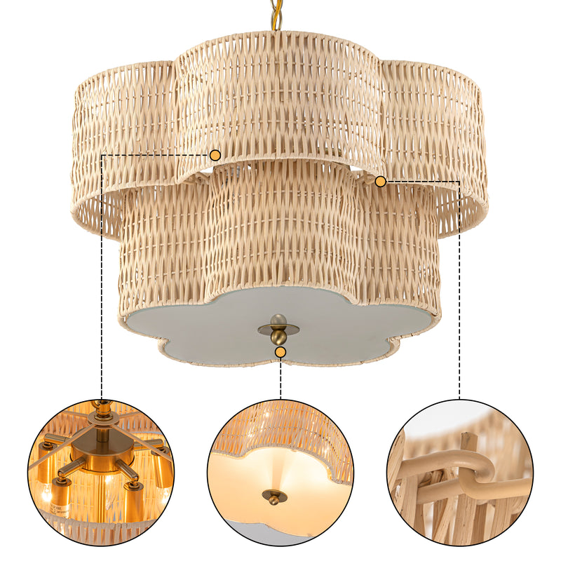 20" 5-Light Natural Rattan Chandelier with 2-Tier Hand Woven Flower-Shaped Shade