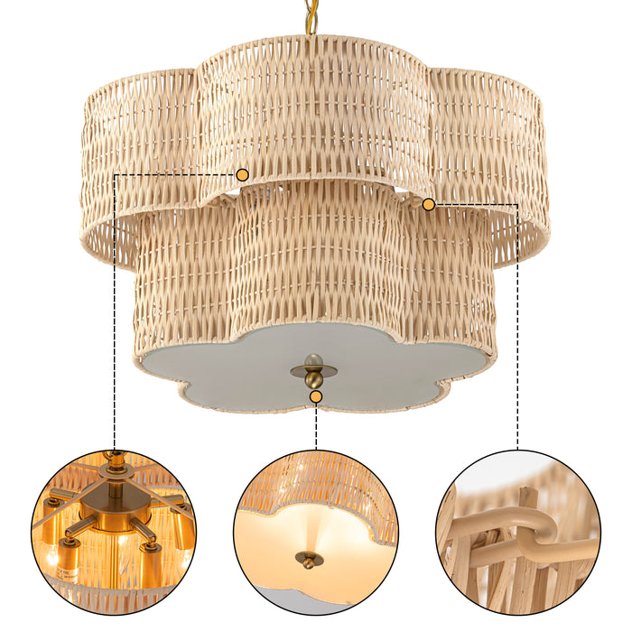20" 5-Light Natural Rattan Chandelier with 2-Tier Hand Woven Flower-Shaped Shade