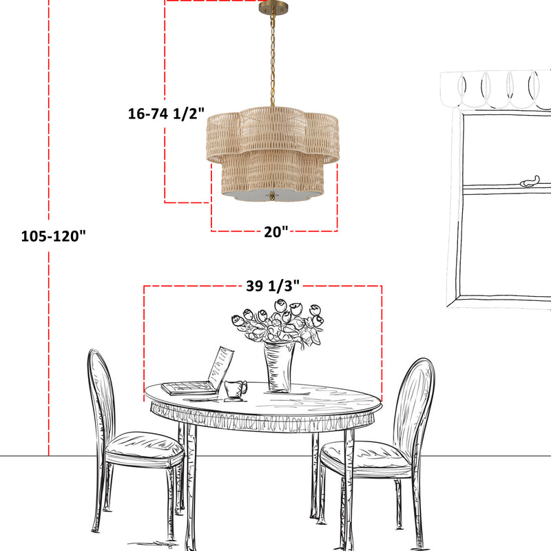 20" 5-Light Natural Rattan Chandelier with 2-Tier Hand Woven Flower-Shaped Shade
