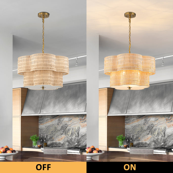 20" 5-Light Natural Rattan Chandelier with 2-Tier Hand Woven Flower-Shaped Shade