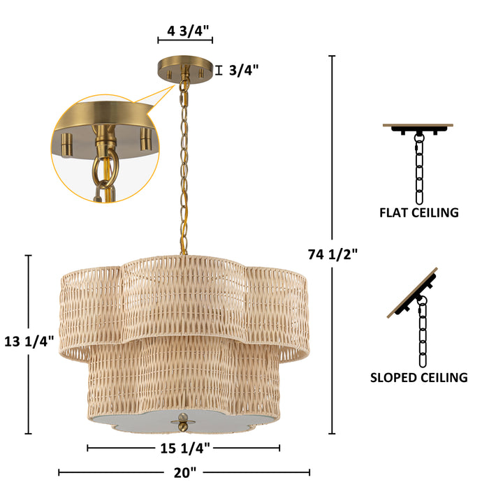 20" 5-Light Natural Rattan Chandelier with 2-Tier Hand Woven Flower-Shaped Shade