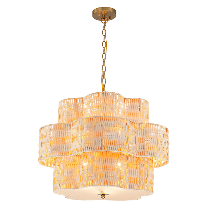 24" 6-Light Natural Rattan Chandelier with 3-Tier Hand Woven Flower-Shaped Shade