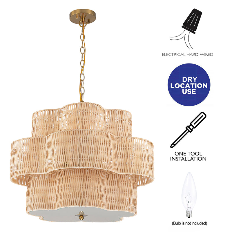 24" 6-Light Natural Rattan Chandelier with 3-Tier Hand Woven Flower-Shaped Shade
