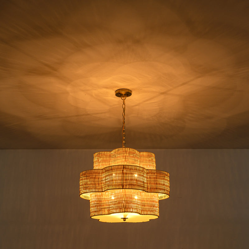 24" 6-Light Natural Rattan Chandelier with 3-Tier Hand Woven Flower-Shaped Shade