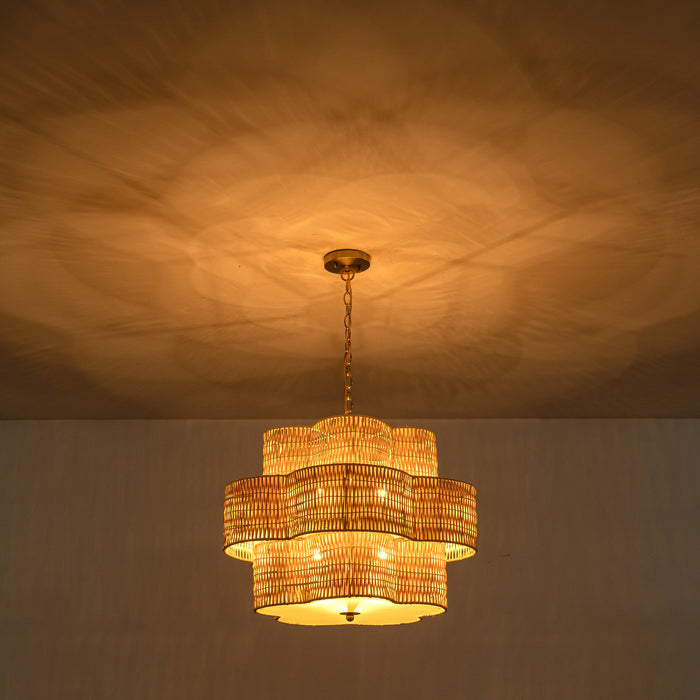 24" 6-Light Natural Rattan Chandelier with 3-Tier Hand Woven Flower-Shaped Shade