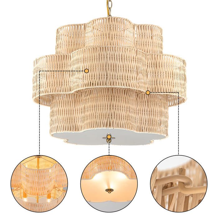 24" 6-Light Natural Rattan Chandelier with 3-Tier Hand Woven Flower-Shaped Shade