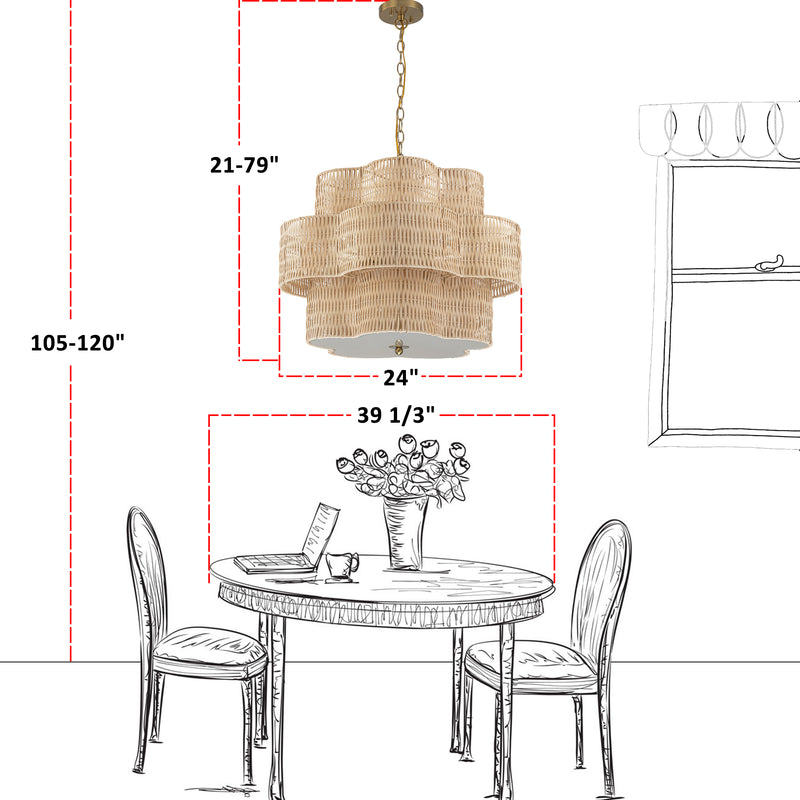 24" 6-Light Natural Rattan Chandelier with 3-Tier Hand Woven Flower-Shaped Shade