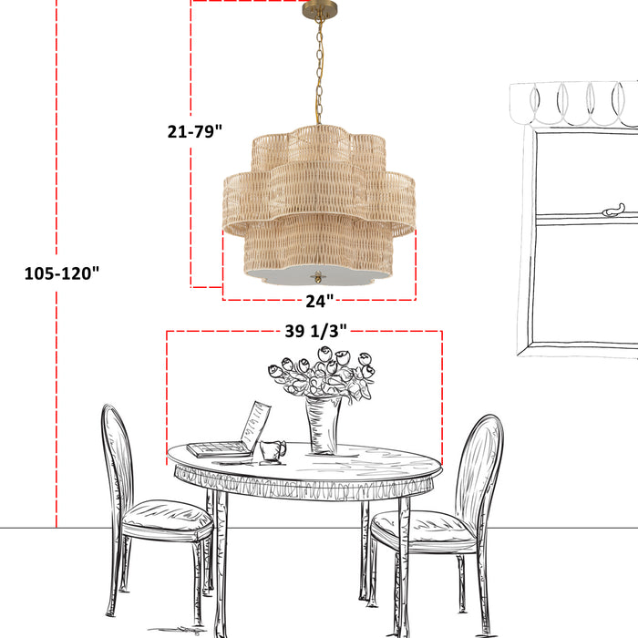 24" 6-Light Natural Rattan Chandelier with 3-Tier Hand Woven Flower-Shaped Shade