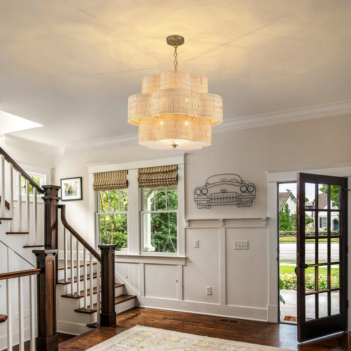 24" 6-Light Natural Rattan Chandelier with 3-Tier Hand Woven Flower-Shaped Shade
