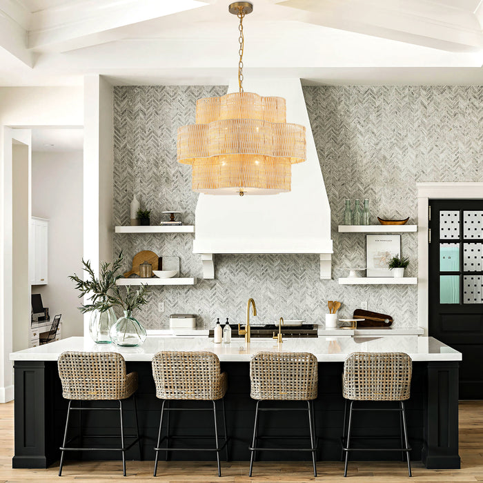 24" 6-Light Natural Rattan Chandelier with 3-Tier Hand Woven Flower-Shaped Shade