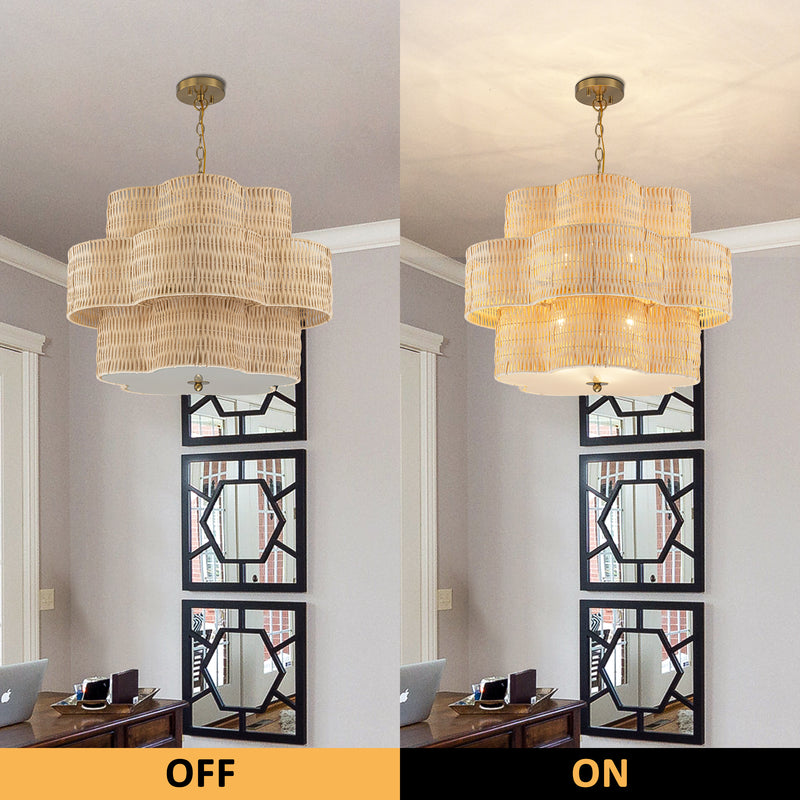 24" 6-Light Natural Rattan Chandelier with 3-Tier Hand Woven Flower-Shaped Shade