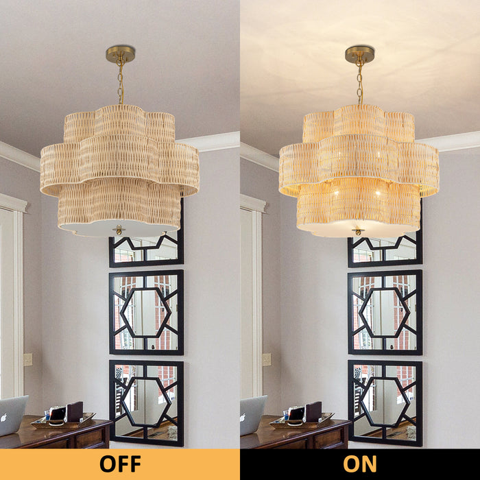 24" 6-Light Natural Rattan Chandelier with 3-Tier Hand Woven Flower-Shaped Shade