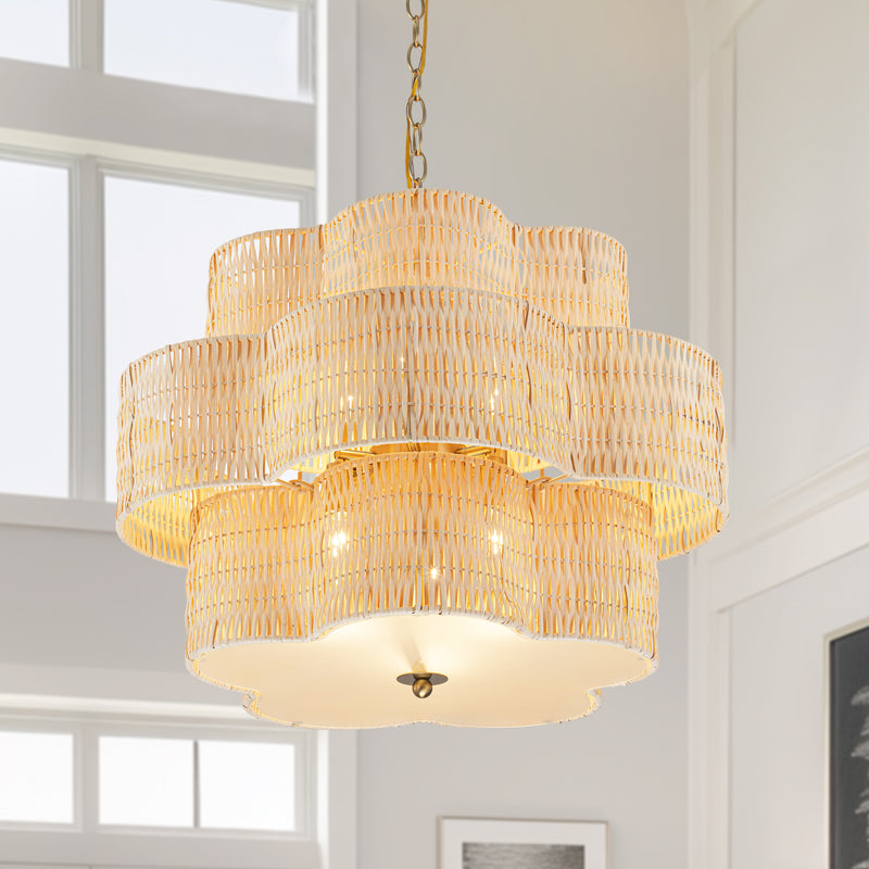 24" 6-Light Natural Rattan Chandelier with 3-Tier Hand Woven Flower-Shaped Shade