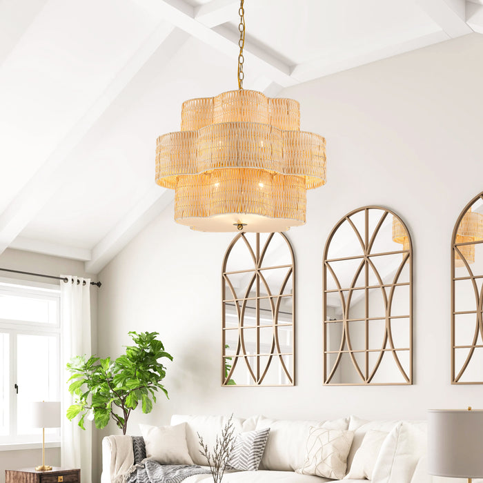24" 6-Light Natural Rattan Chandelier with 3-Tier Hand Woven Flower-Shaped Shade