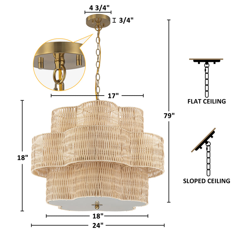 24" 6-Light Natural Rattan Chandelier with 3-Tier Hand Woven Flower-Shaped Shade