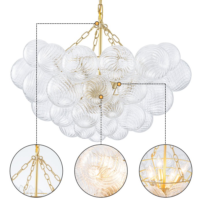 6-Light Gold Chandeliers with Ribbed Globe Glass