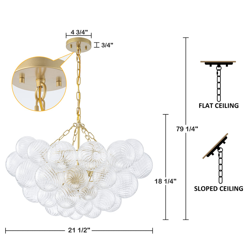 6-Light Gold Chandeliers with Ribbed Globe Glass