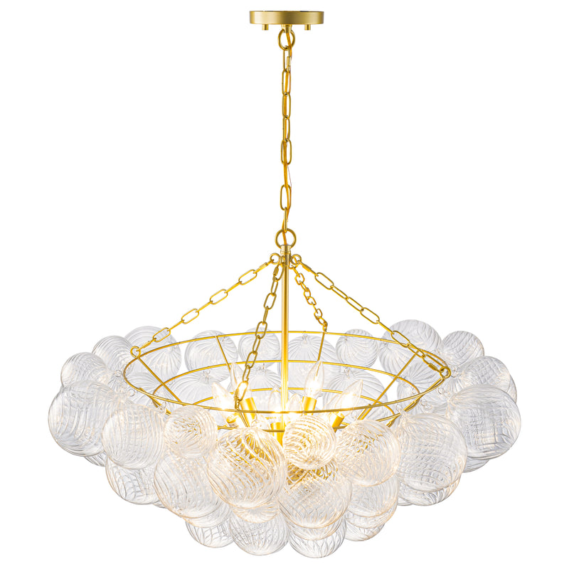 10-Light Gold Chandeliers with Ribbed Globe Glass