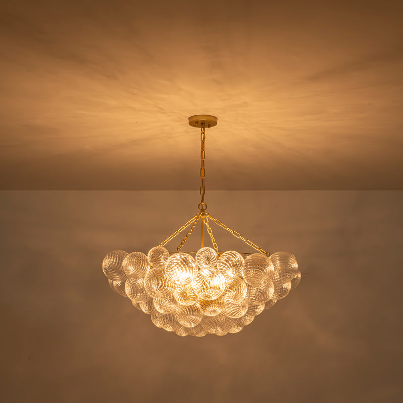 10-Light Gold Chandeliers with Ribbed Globe Glass