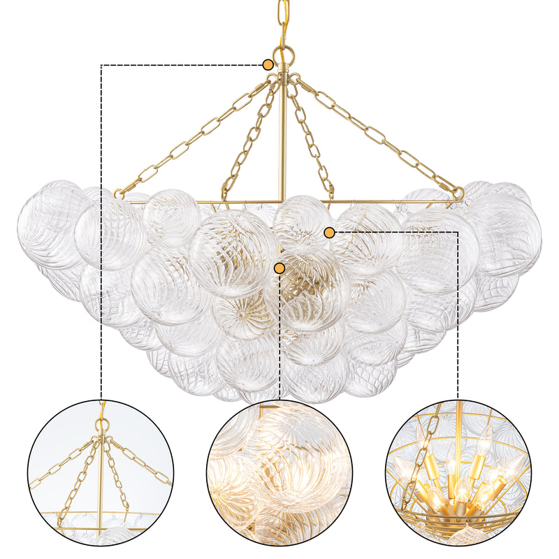 10-Light Gold Chandeliers with Ribbed Globe Glass