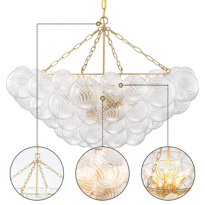 10-Light Gold Chandeliers with Ribbed Globe Glass