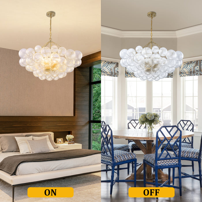10-Light Gold Chandeliers with Ribbed Globe Glass