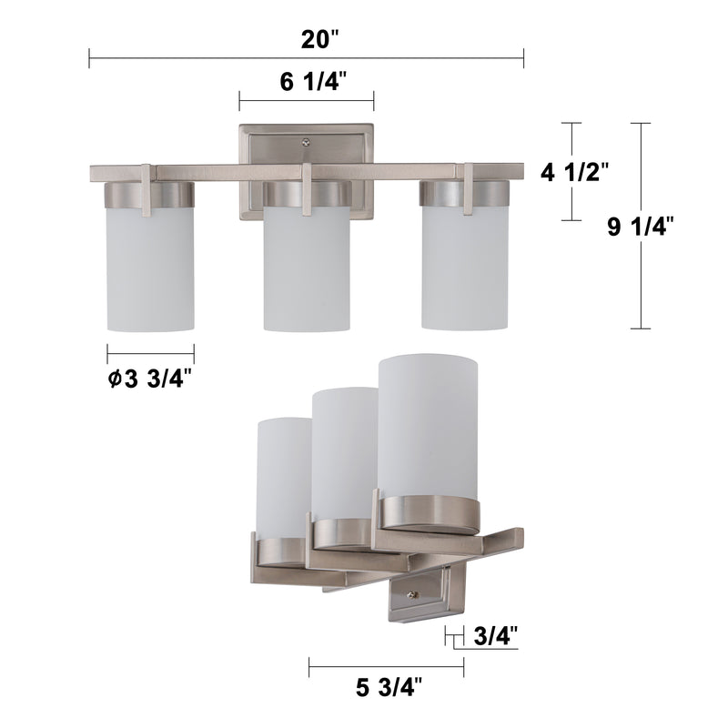 20 in. 3-Light Satin Nickel Dimmable LED Vanity Light with Frosted Glass Shade