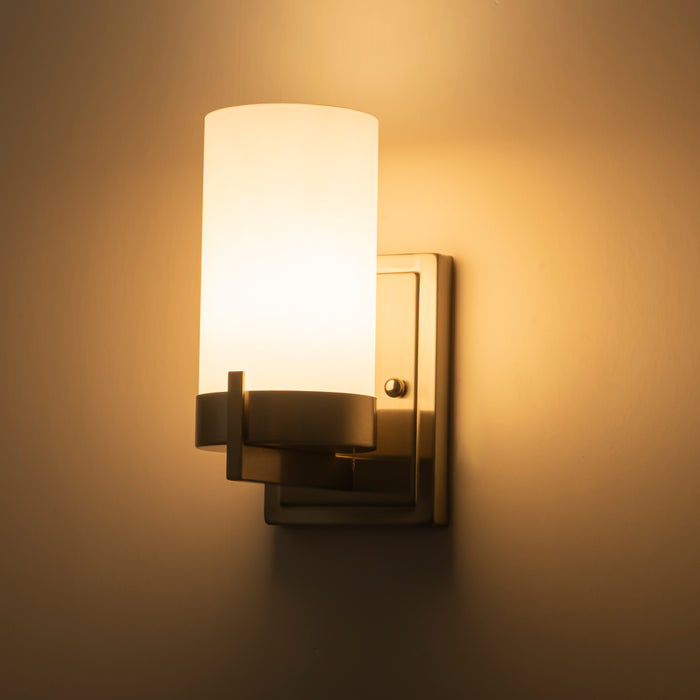 1-Light Satin Nickel Wall Sconce with Frosted Glass Shade