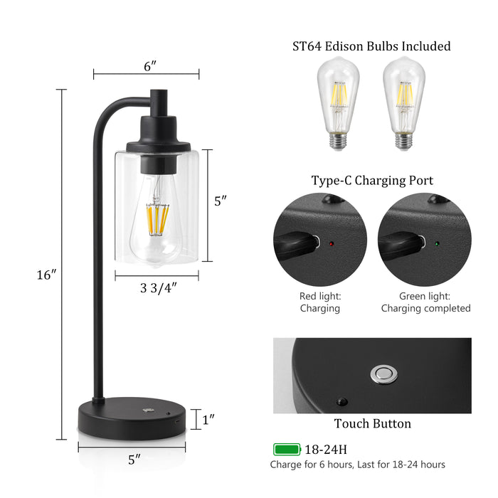 2-Pack 16” 3CCT Dimmable Cordless Table Lamp with ST64 Edison Bulbs and Remote Control