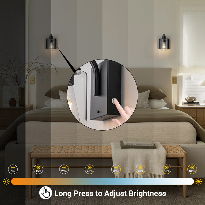 Black Rechargeable Color Changing Dimmable Wall Sconce with Remote Control, LED Bulb Included (2-pack)