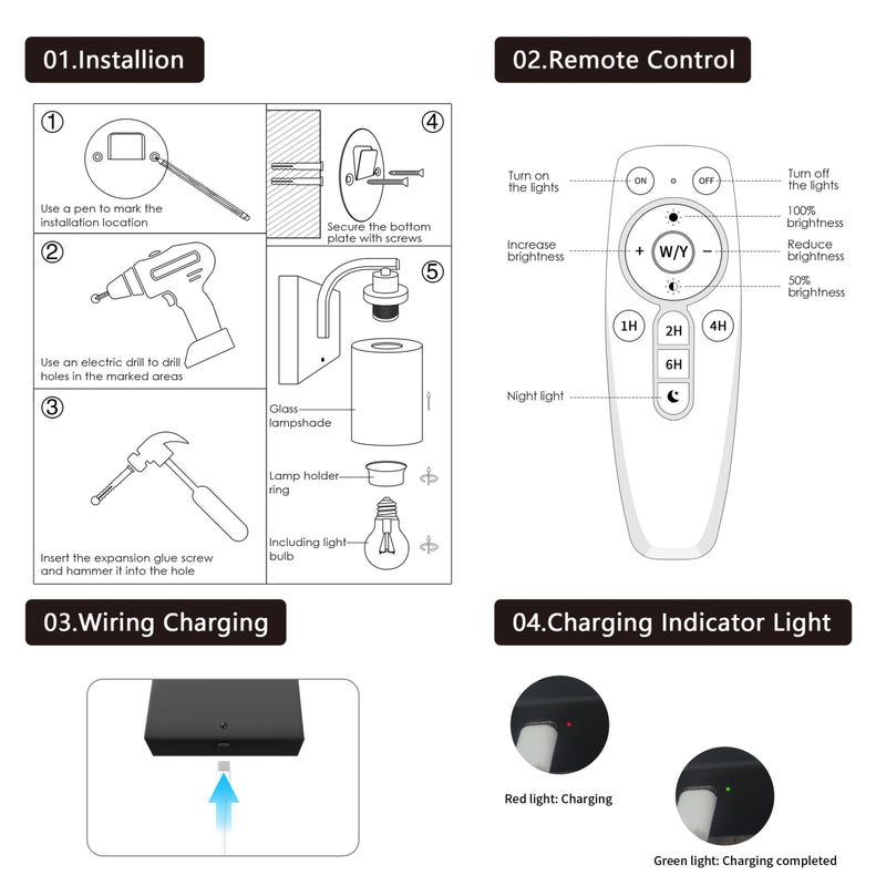 Black Rechargeable Color Changing Dimmable Wall Sconce with Remote Control, LED Bulb Included (2-pack)