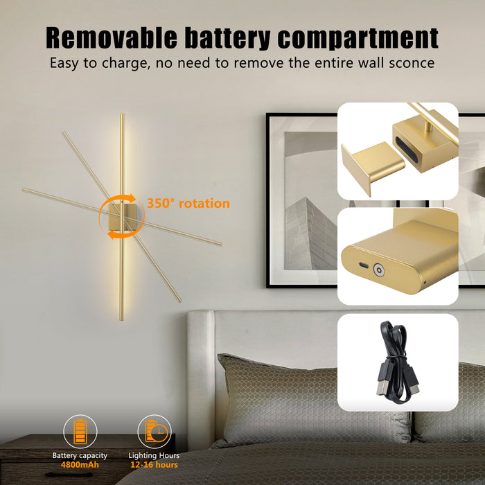 Gold Dimmable Adjustable Color Temperature Chargeable Rotatable LED Wall Lamp with Touch and Remote Control