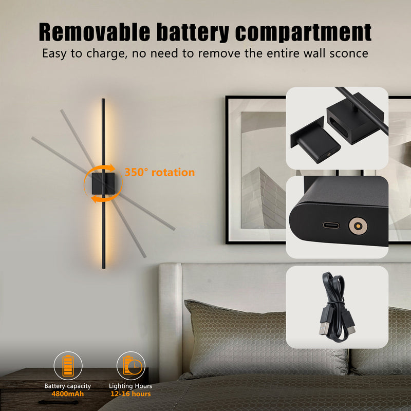 Black Dimmable Adjustable Color Temperature Chargeable Rotatable LED Wall Lamp with Touch and Remote Control