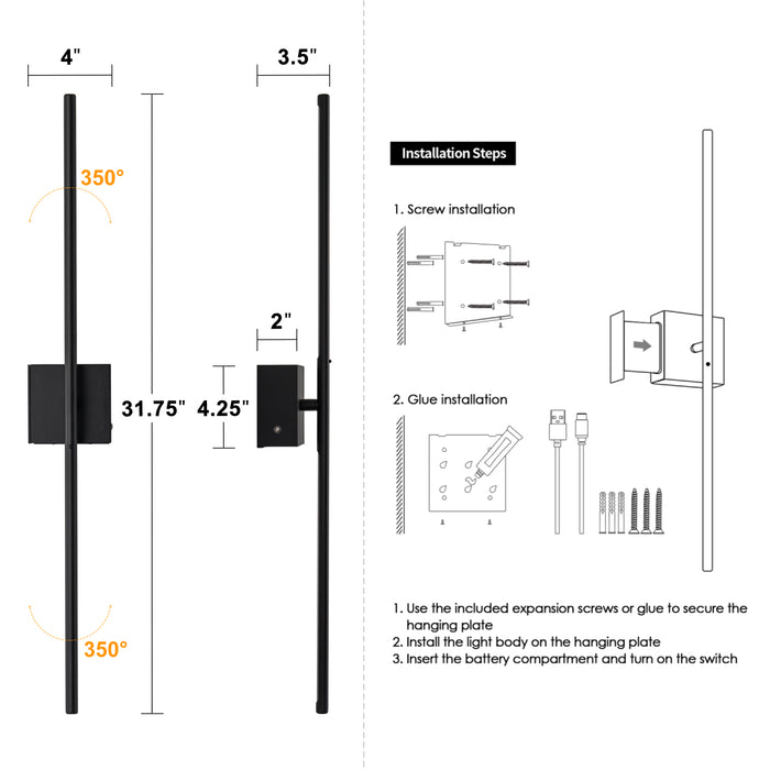 Black Dimmable Adjustable Color Temperature Chargeable Rotatable LED Wall Lamp with Touch and Remote Control