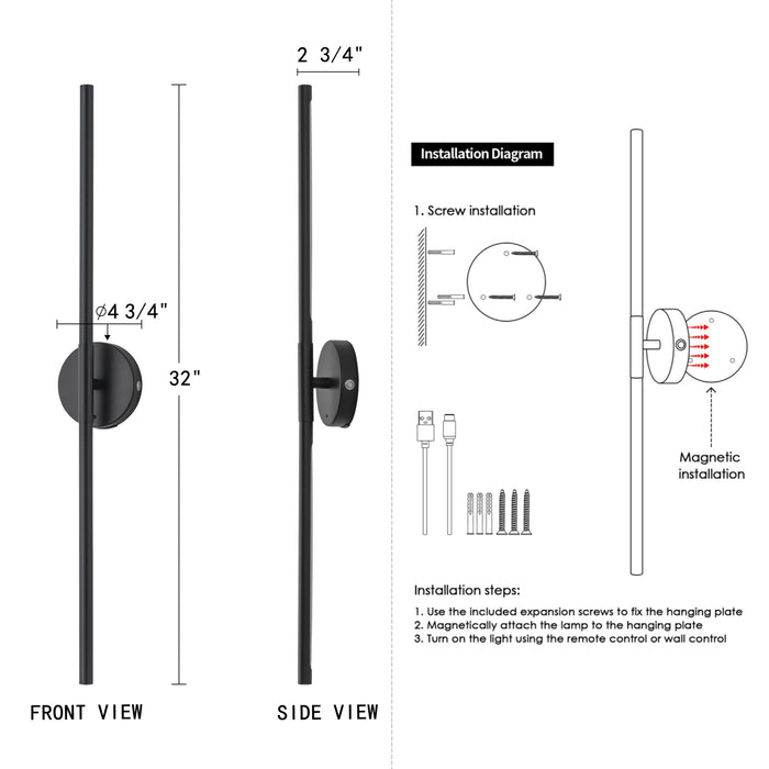 Black Dimmable Adjustable Color Temperature Chargeable Rotatable LED Wall Lamp with Touch and Remote Control