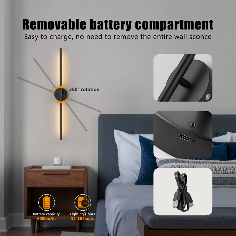 Black Dimmable Adjustable Color Temperature Chargeable Rotatable LED Wall Lamp with Touch and Remote Control