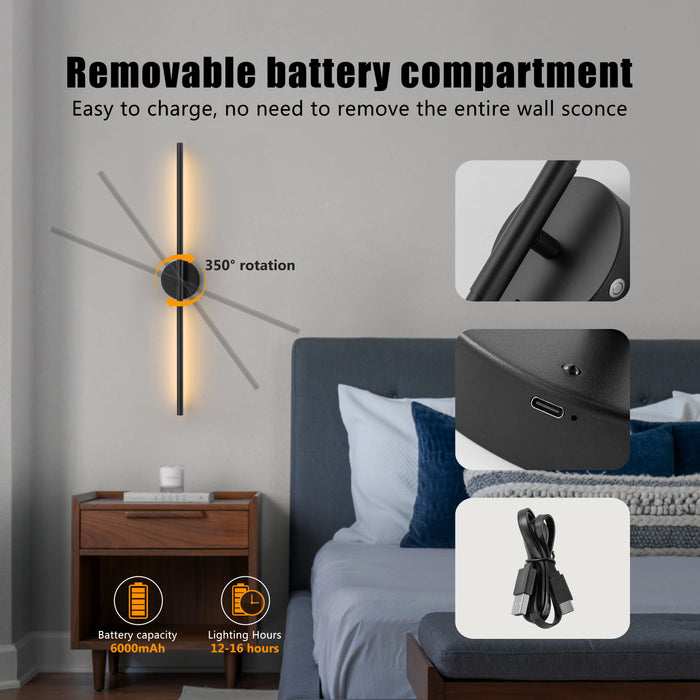 Black Dimmable Adjustable Color Temperature Chargeable Rotatable LED Wall Lamp with Touch and Remote Control