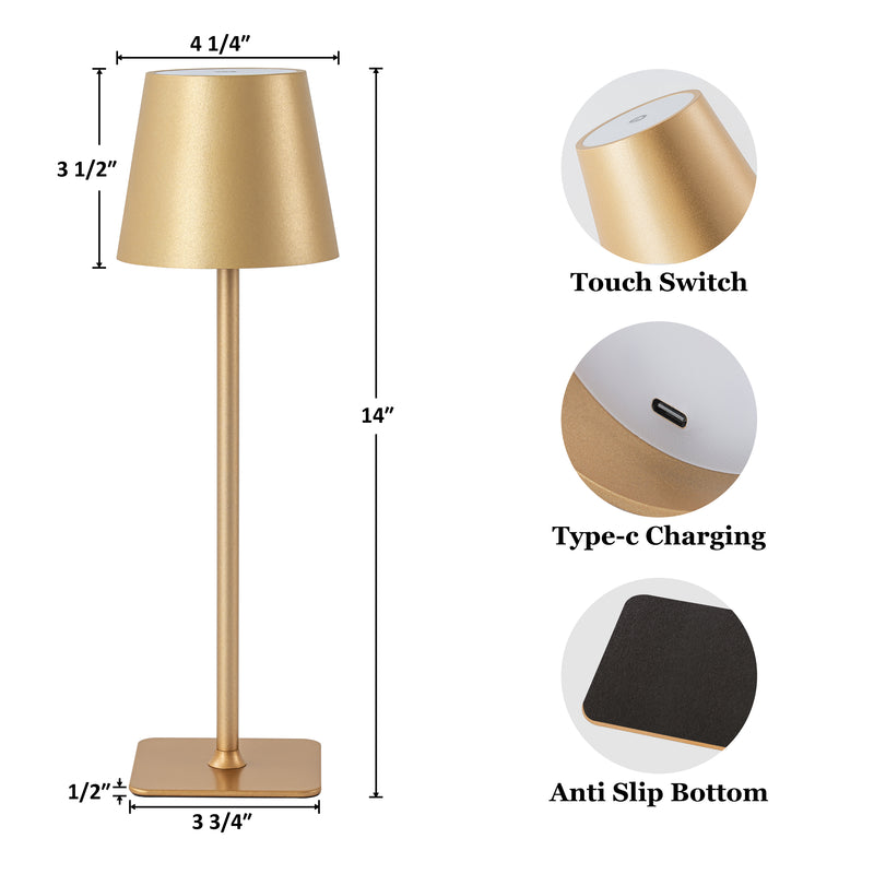 4-Pack 14” Gold LED Cordless Table Lamp, 3CCT Dimmable Portable Desk Lamps