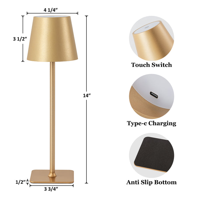 4-Pack 14” Gold LED Cordless Table Lamp, 3CCT Dimmable Portable Desk Lamps