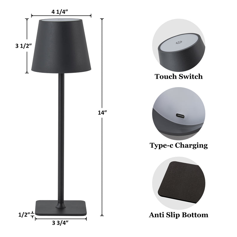 4-Pack 14” Matte Black LED Cordless Table Lamp, 3CCT Dimmable Portable Desk Lamps
