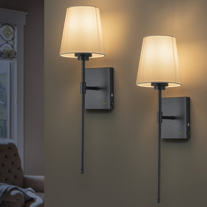 Rechargeable Dimmable Black Wall Lamp with Fabric Shade and LED bulb Included (2-Pack)