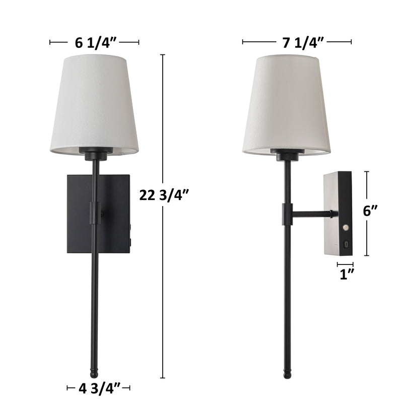 Rechargeable Dimmable Black Wall Lamp with Fabric Shade and LED bulb Included (2-Pack)