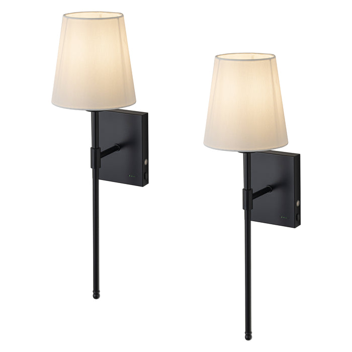Rechargeable Dimmable Black Wall Lamp with Fabric Shade and LED bulb Included (2-Pack)
