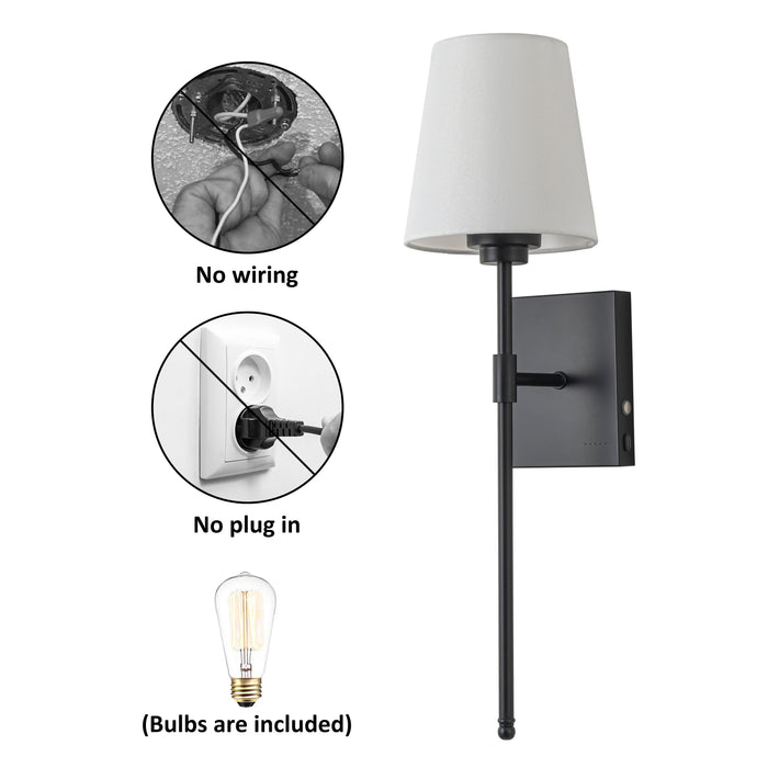 Rechargeable Dimmable Black Wall Lamp with Fabric Shade and LED bulb Included (2-Pack)