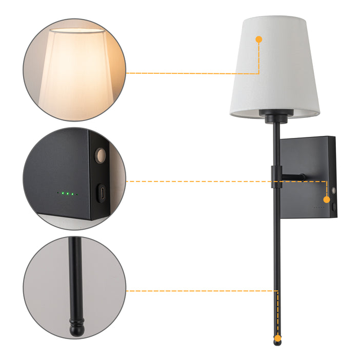 Rechargeable Dimmable Black Wall Lamp with Fabric Shade and LED bulb Included (2-Pack)