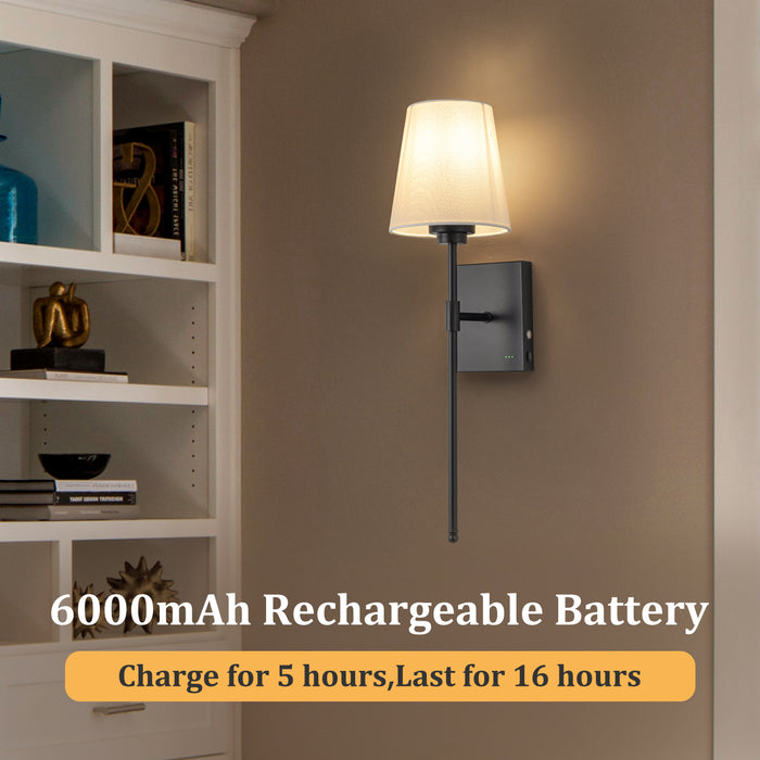 Rechargeable Dimmable Black Wall Lamp with Fabric Shade and LED bulb Included (2-Pack)